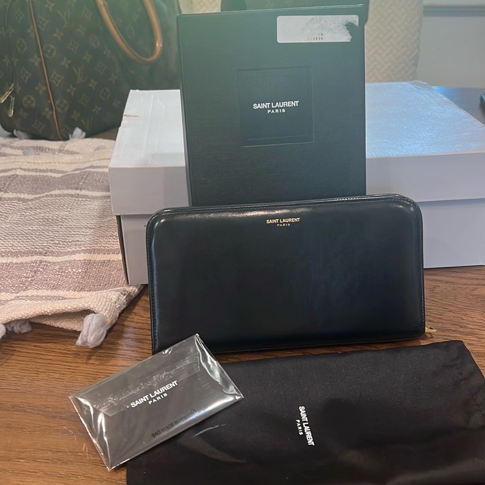 Saint Laurent Tiny Monogram Smooth Leather Zip Wallet Gold Logo
